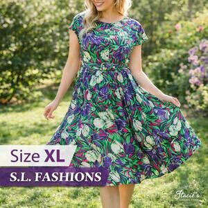 Vintage S.L. Fashions Floral Dress Size 18 Belted Fit Flare Midi